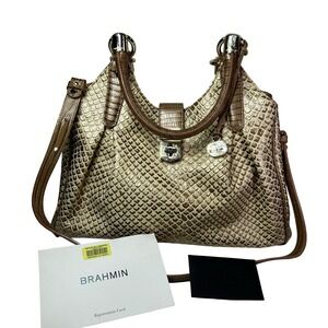 Brahmin Metallic Gold Elisa Leather Hobo Shoulder Bag in Latte Java